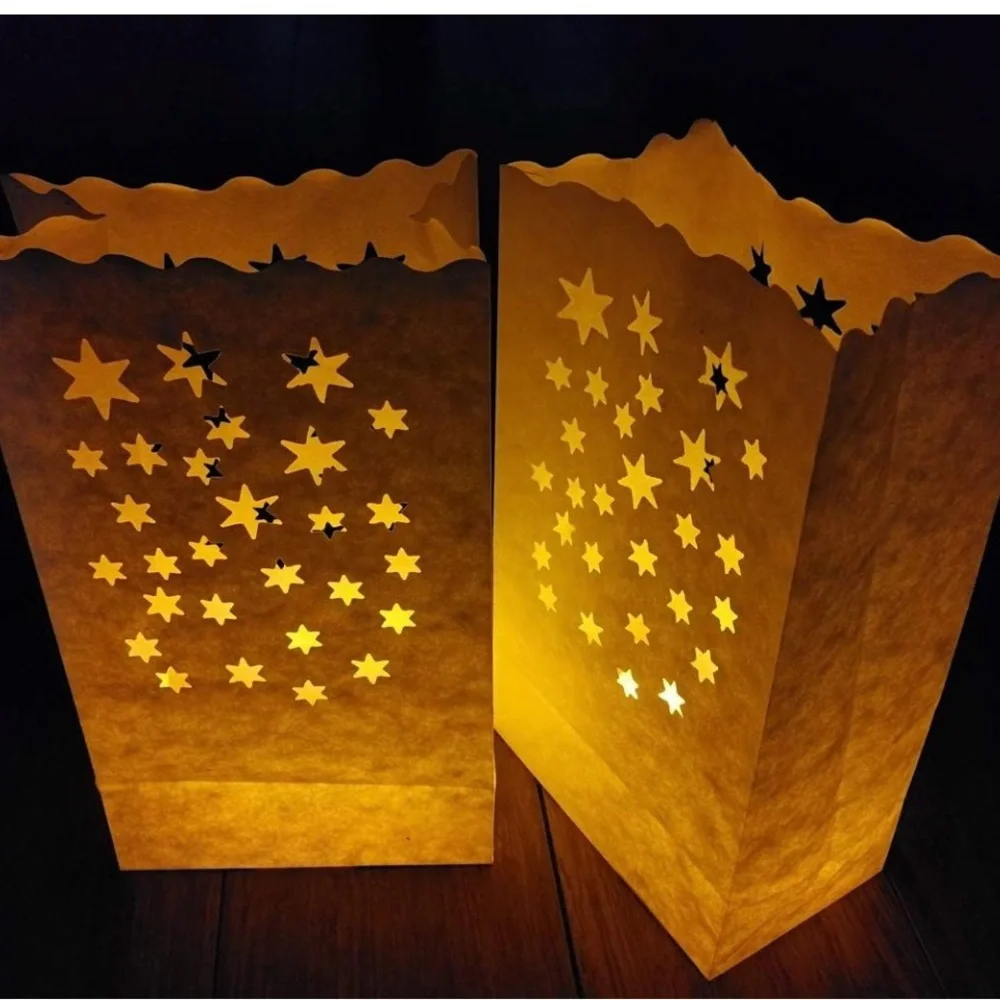 White Star Cutout Paper Luminary Bags with LED Tealights - White (40)